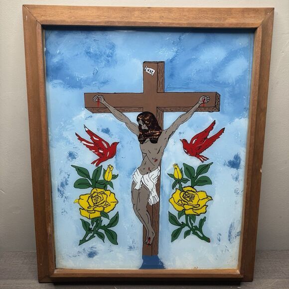 Other - Vintage 1977 Attica Prison Inmate Folk Art Hand Painted Glass Jesus Crucifixion
